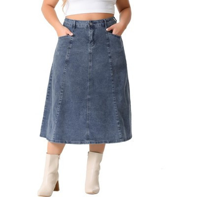 Women's Plus Size Denim Vintage High Waist Casual A-Line Midi Jean Skirts with Pocket - Agnes Orinda 1X Grey Blue | Target
