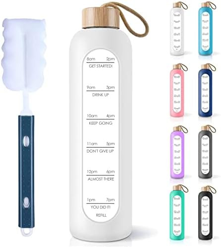PROBTTL 32 Oz Borosilicate Glass Water Bottle with Time Marker Reminder Quotes, Leak Proof Reusab... | Amazon (US)