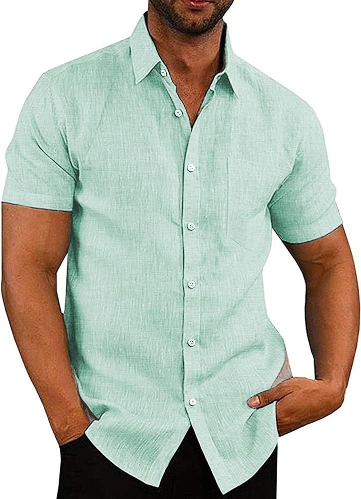COOFANDY Men's Linen Shirts Casual Button Down Short Sleeve Summer Beach Shirt Hawaiian Vacation ... | Amazon (US)