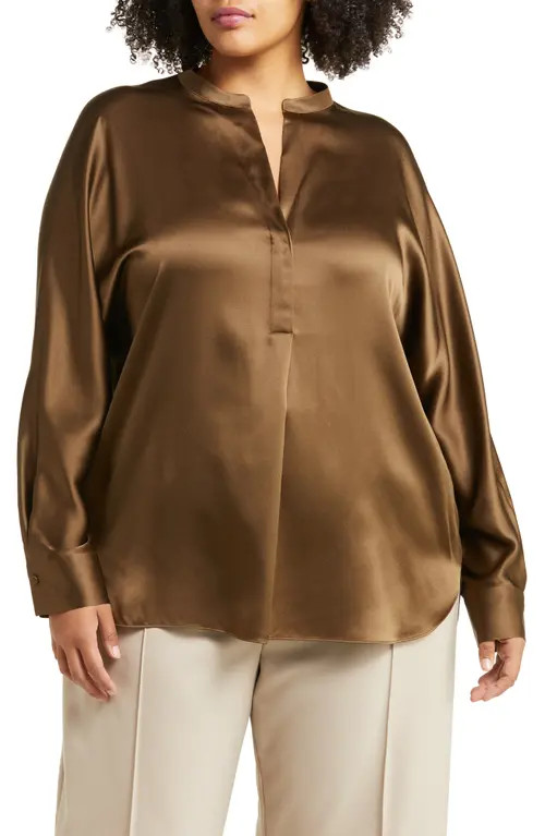 Vince Band Collar Silk Blouse in Bark at Nordstrom, Size 1X | Nordstrom