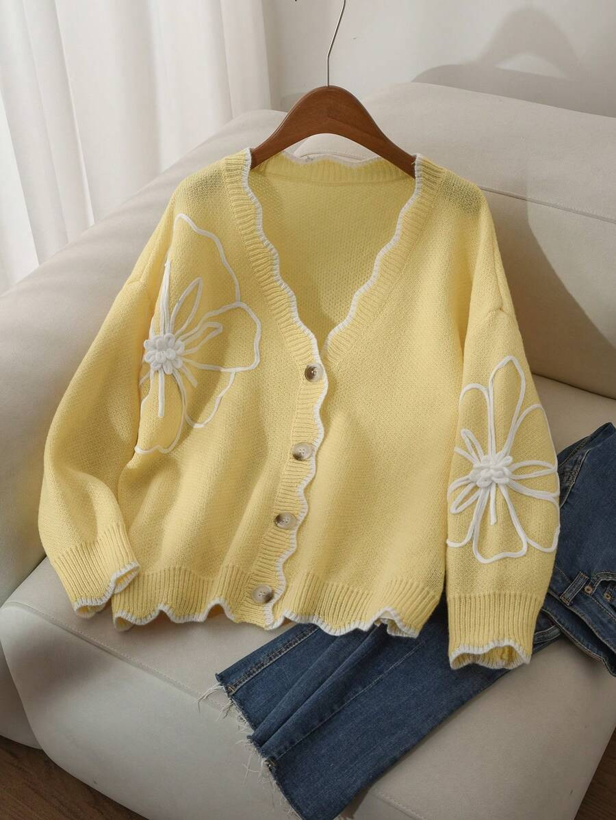 SHEIN Frenchy Plus Size Elegant Casual Women Cardigans 3D Floral Contrast Color Cardigan Sweater,... | SHEIN