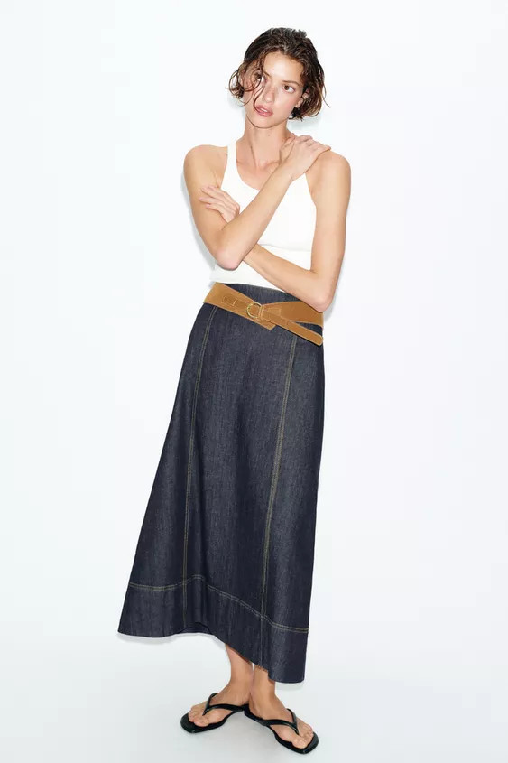 Z1975 BELTED DENIM MIDI SKIRT | Zara US