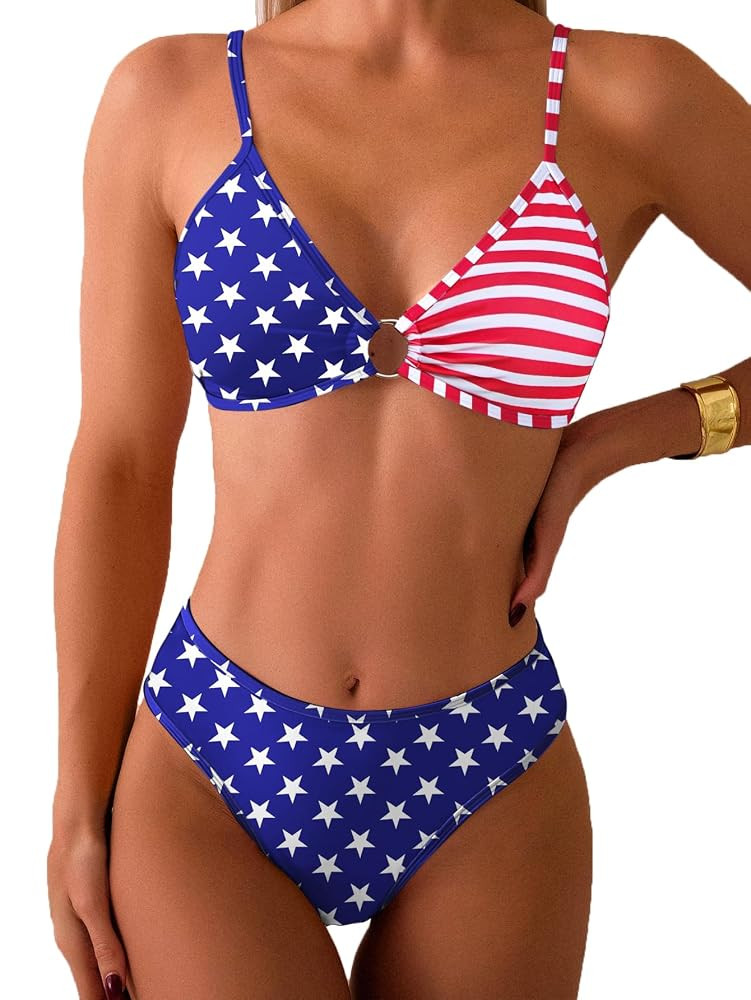 Tainehs Women's Two Piece Bikini Sets O Ring Front Top Ditsy Floral Triangle Swimsuits Cheeky Bat... | Amazon (US)