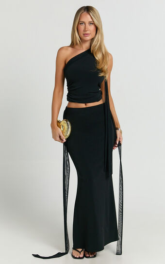 Rhoda Two Piece Set - Scarf Top and Tie Detail Maxi Skirt Set in Black | Showpo (US, UK & Europe)
