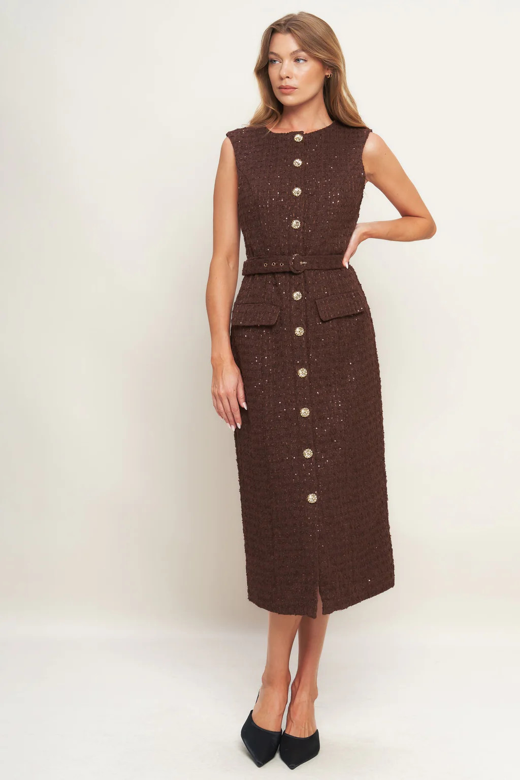 LOVELY HERITAGE TWEED MIDI DRESS - BROWN | Lady Black Tie