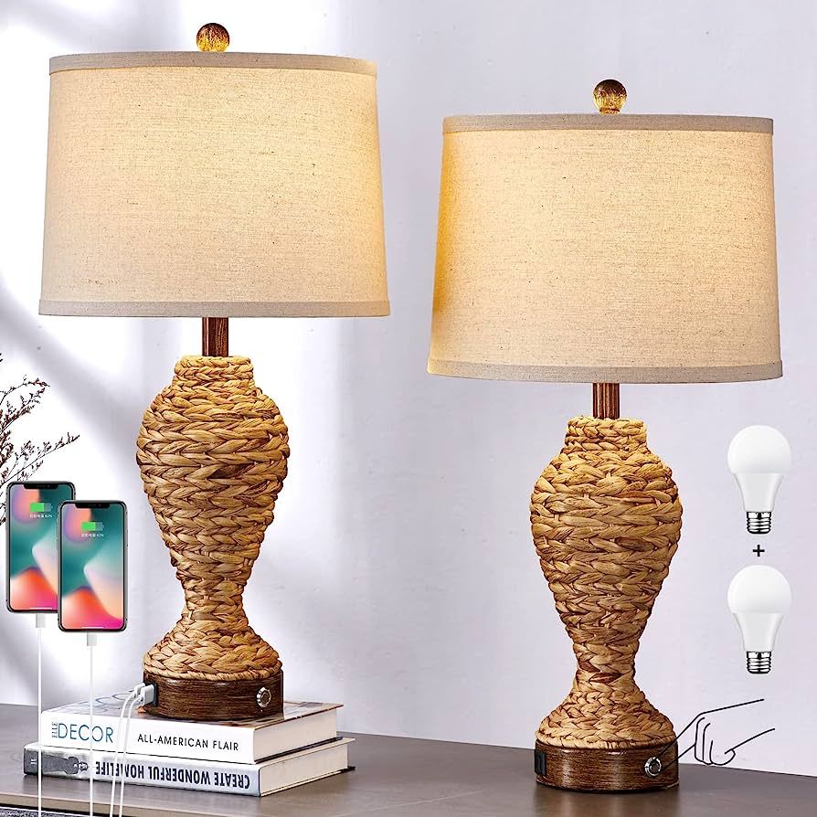 Set of 2 Rustic Touch Table Lamps for Living Room 3 Way Dimmable Coastal Sea Grass Rattan Bedside... | Amazon (US)