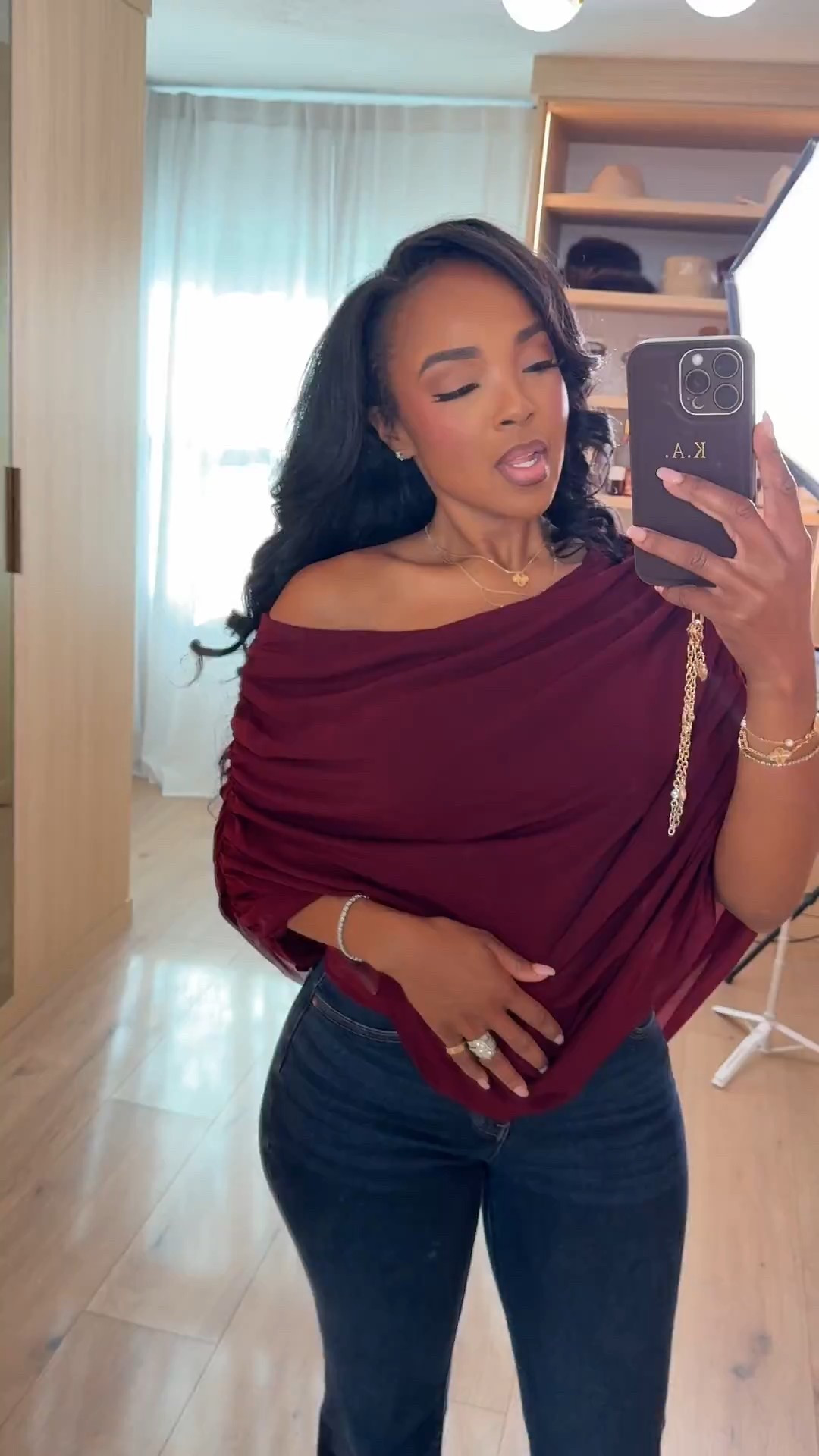 Soft glam energy 🤍 This off-the-shoulder burgundy draped top paired with dark wash flared denim is the kind of effortless date night combo that always works. Elevated tops styled multiple ways instantly lower your cost per wear while keeping your denim rotation fresh and flattering.

Perfect for: date night, birthday dinners, girls’ night out, holiday parties, or a polished dinner look.

Tap to get details — a statement off-the-shoulder top with classic dark wash denim is a long-term shopping strategy that keeps your closet versatile and feminine.

Sizing:
Top: Size Small  
Jeans: 27 Long  
Heels: True to size  

Measurements: 5’4” | 138 lbs | 34D bust | 27” waist | 40” hips  

This look features a burgundy off the shoulder top, dark wash flare jeans 27 Long, date night outfit women, feminine draped tops, holiday dinner outfit ideas, elevated denim styling, chic going out outfits, and flattering fitted silhouettes designed to maximize cost per wear.

Follow me on Instagram and YouTube @kirasfashionfinds


