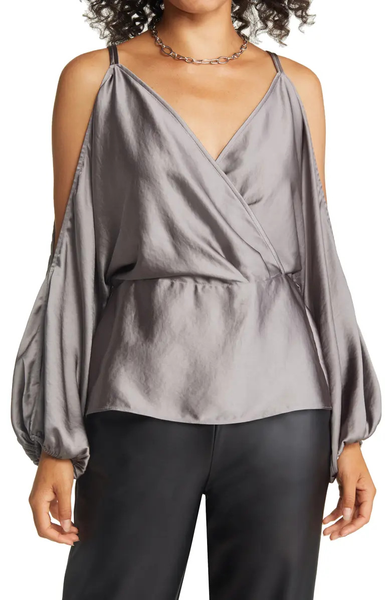 Halogen® Cold Shoulder Long Sleeve Hammered Satin Top | Nordstrom | Nordstrom