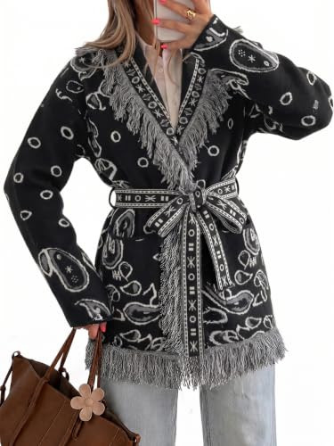 Tankaneo Womens Fringe Cardigan Long Sleeve Paisley Sweaters with Belt | Amazon (US)