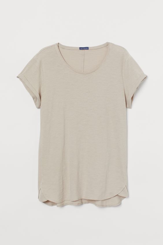 T-shirt in melange cotton jersey. Slightly wider neckline with raw edges, seam at back, and short... | H&M (US + CA)