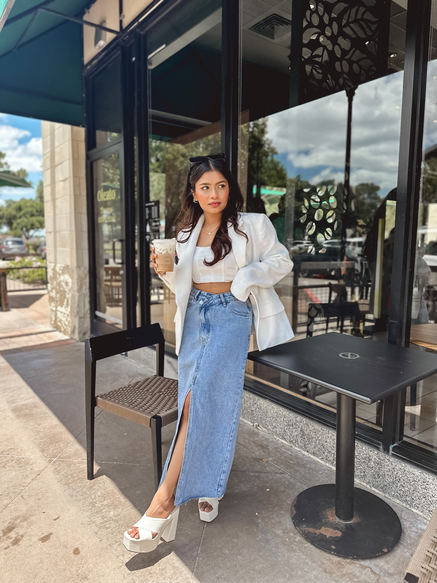 Long denim skirt with corset style bandeau and white blazer. The blazer is structured and has tweed-like material. Wearing smalls. Size down on skirt  

#LTKstyletip #LTKunder100 #LTKworkwear
