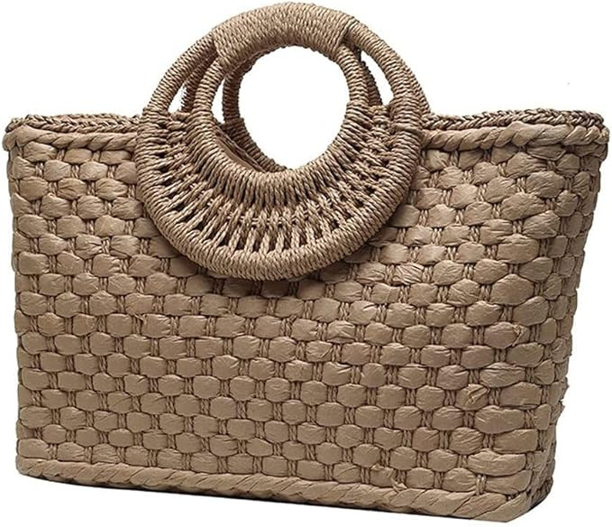Hand-Woven Straw Bag Handmade Summer Lady Bag,Beach Handbag with Top Handle Black (Color : Khaki) | Amazon (US)