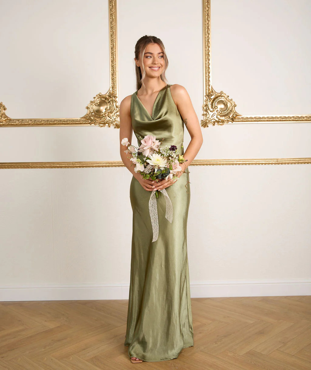 Cowl Front Satin Bridesmaid Dress - Moss Green | Six Stories