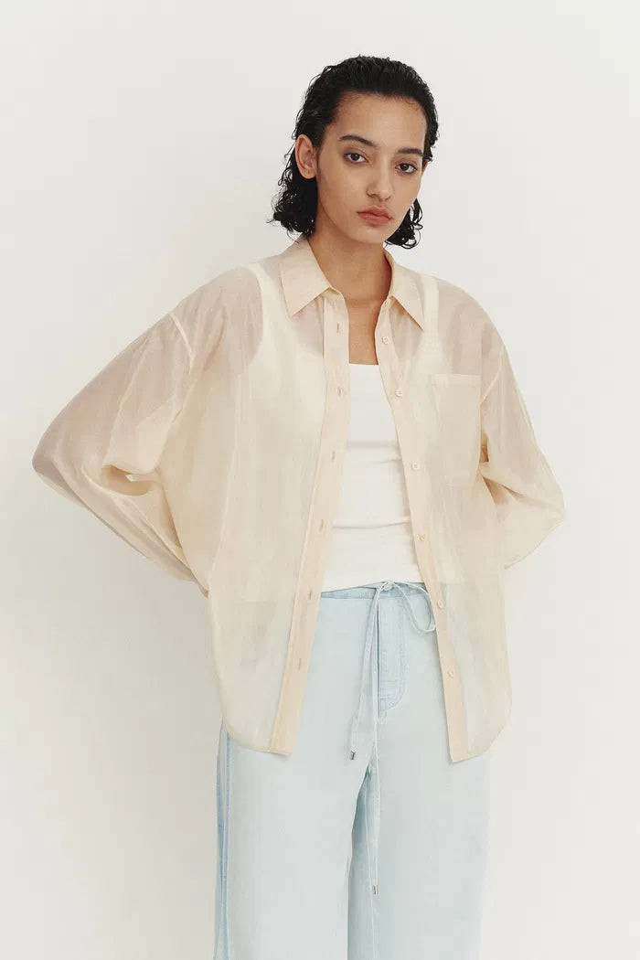 Bella Yellow Sheer Button-Up Shirt in Organza | Fabrique