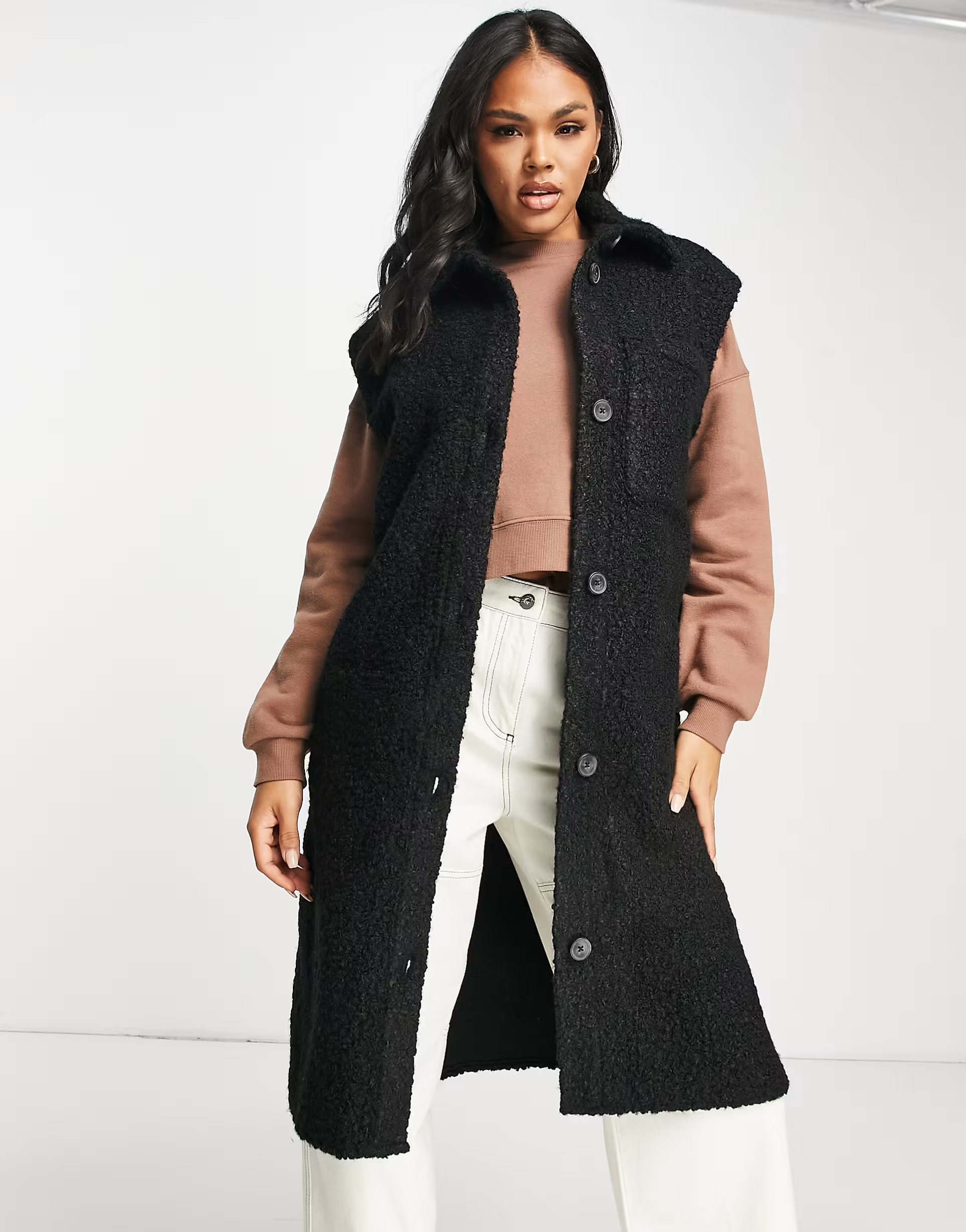 Threadbare Nihal boucle longline vest in black | ASOS (Global)