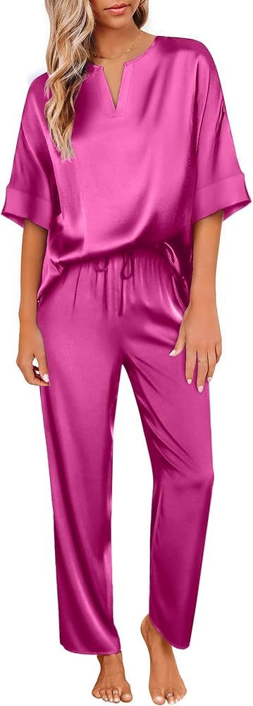 Ekouaer Satin Pajama Set Womens Silk Short Sleeve V Neck Shirt with Long Pant Soft Loungewear Pjs... | Amazon (US)