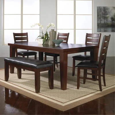 Contemporary 6Pc Dining Set 18" Extendable Leaf Table Leather Look Polyurethane PU Fabric Upholstered Chair Bench Seats Brown Finish Wooden Solid Wood | Wayfair North America