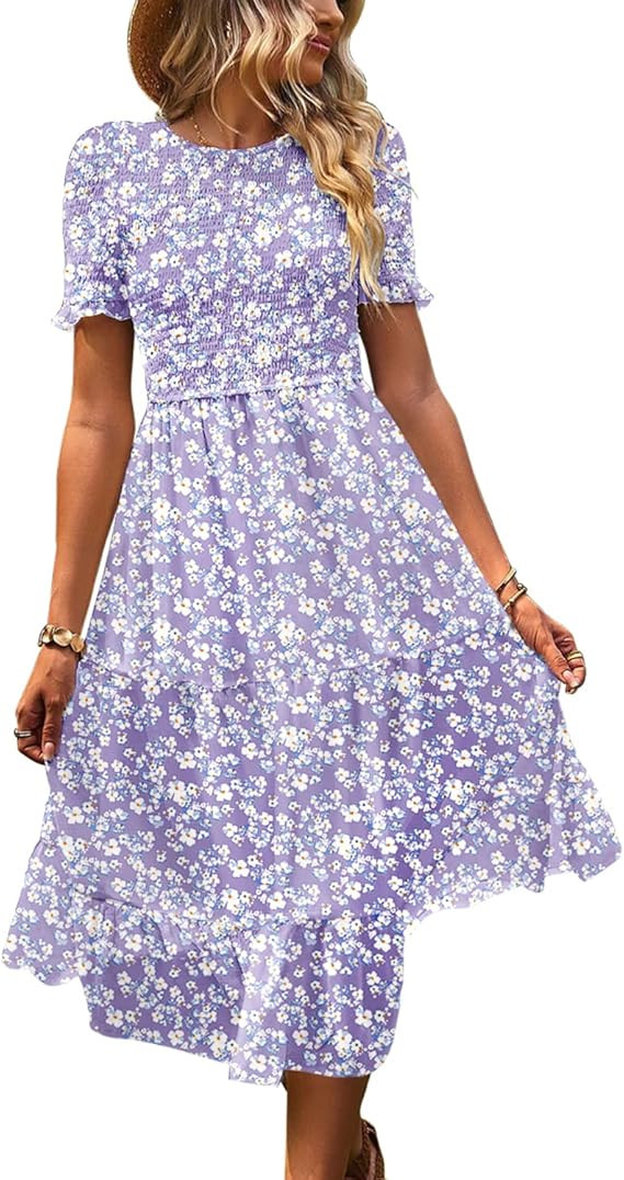 YESNO Women's Summer Causal Short Sleeve Smocked Dress Elastic Waist Tiered Midi Dress with Pocke... | Amazon (US)