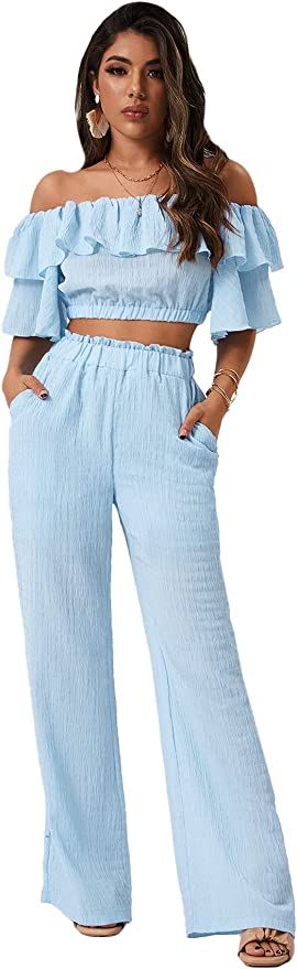 Romwe Women's 2 Piece Outfit Off The Shoulder Crop Top Wide Leg Pants Set | Amazon (US)