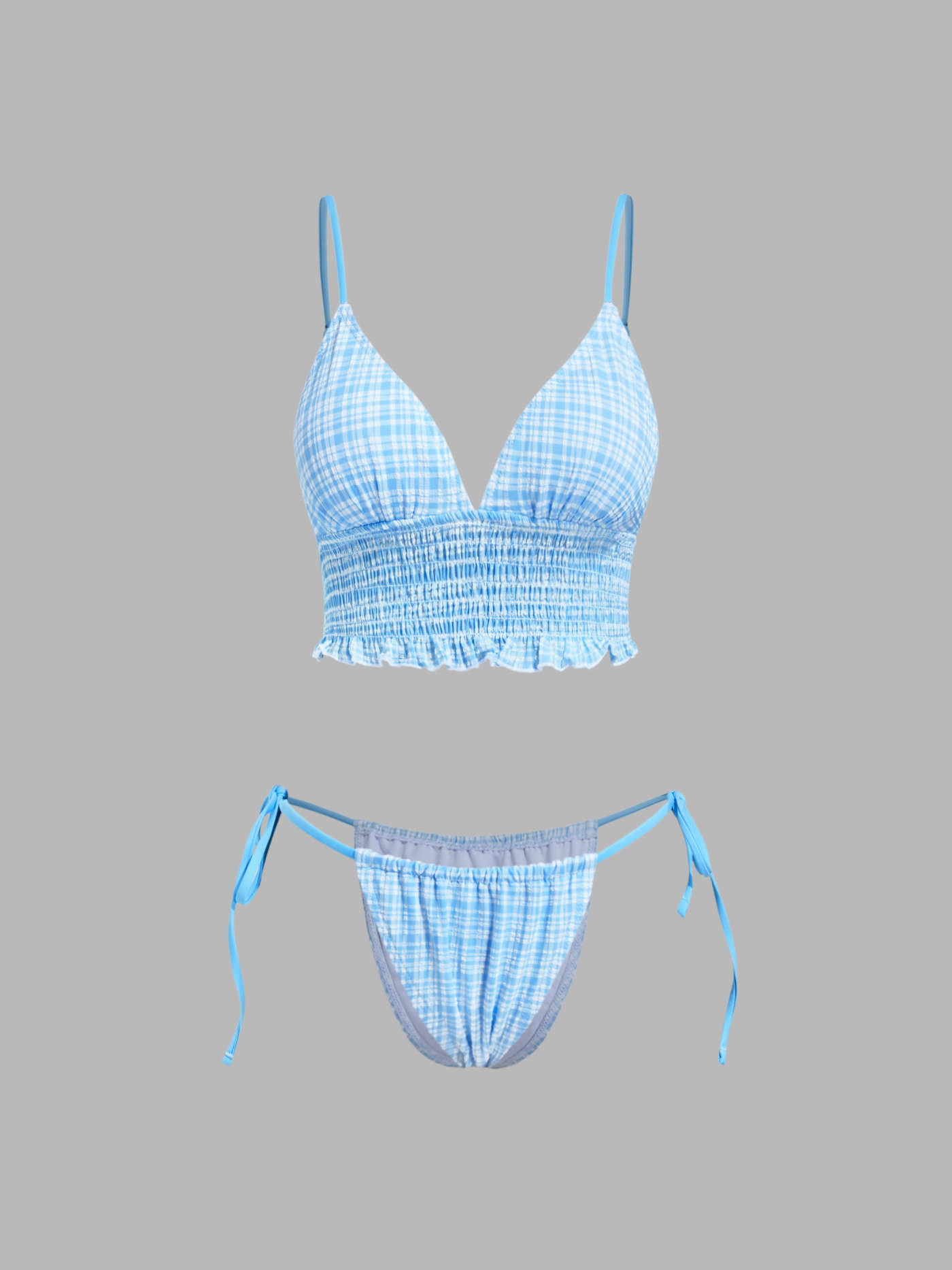 Knit Fabric V-neck Tartan Shirred Triangle Tie Side Bikini Set For Vacation Swimming Pool | Cider