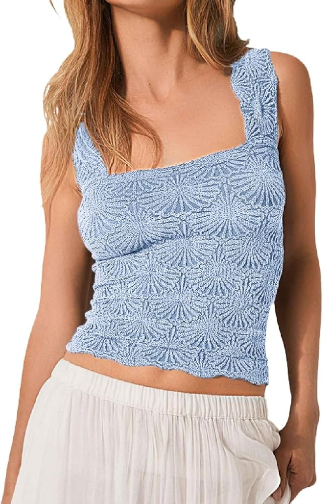 Women's Square Neck Tops Love Letter Cami Seamless Wide Straps Tank Tops Sleeveless Jacquard Flor... | Amazon (US)
