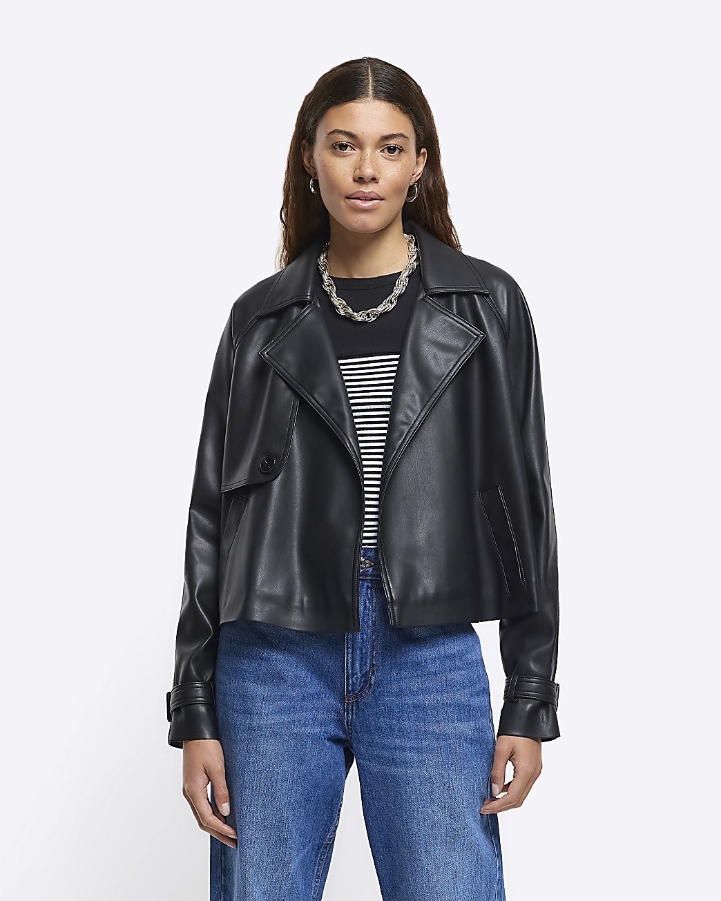 Black faux leather crop trench coat | River Island (UK & IE)