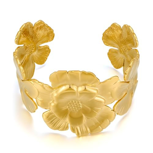 WOWORAMA Chunky Flower Bracelet for Women Vintage Boho Large Flower Cuff Bracelet Wide Chunky Gold Floral Statement Bangle Bracelet | Amazon (US)