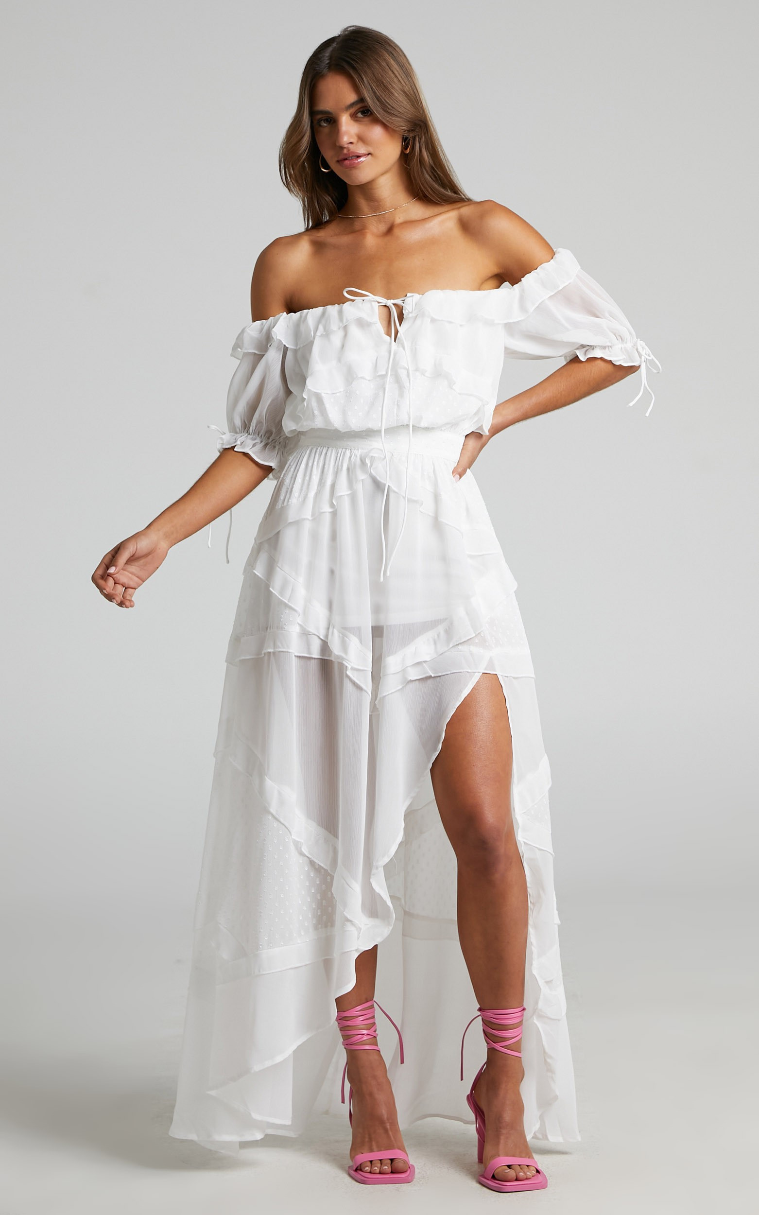 Deska Tie Front Tiered Off Shoulder Maxi Dress in White | Showpo (US, UK & Europe)