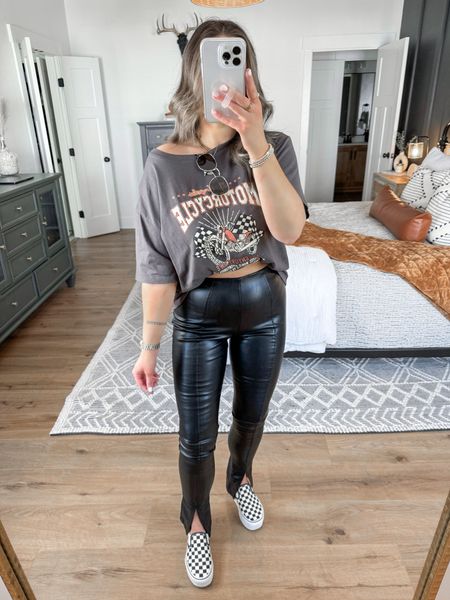 Tee — medium
Leggings — small

edgy outfit | edgy fashion | edgy style | spring running errands outfit | faux leather split hem leggings outfit | platform checkered vans slip on sneakers outfit | oversized graphic tee and leggings outfit | casual spring outfit ideas 



#LTKshoecrush #LTKfindsunder50 #LTKfindsunder100