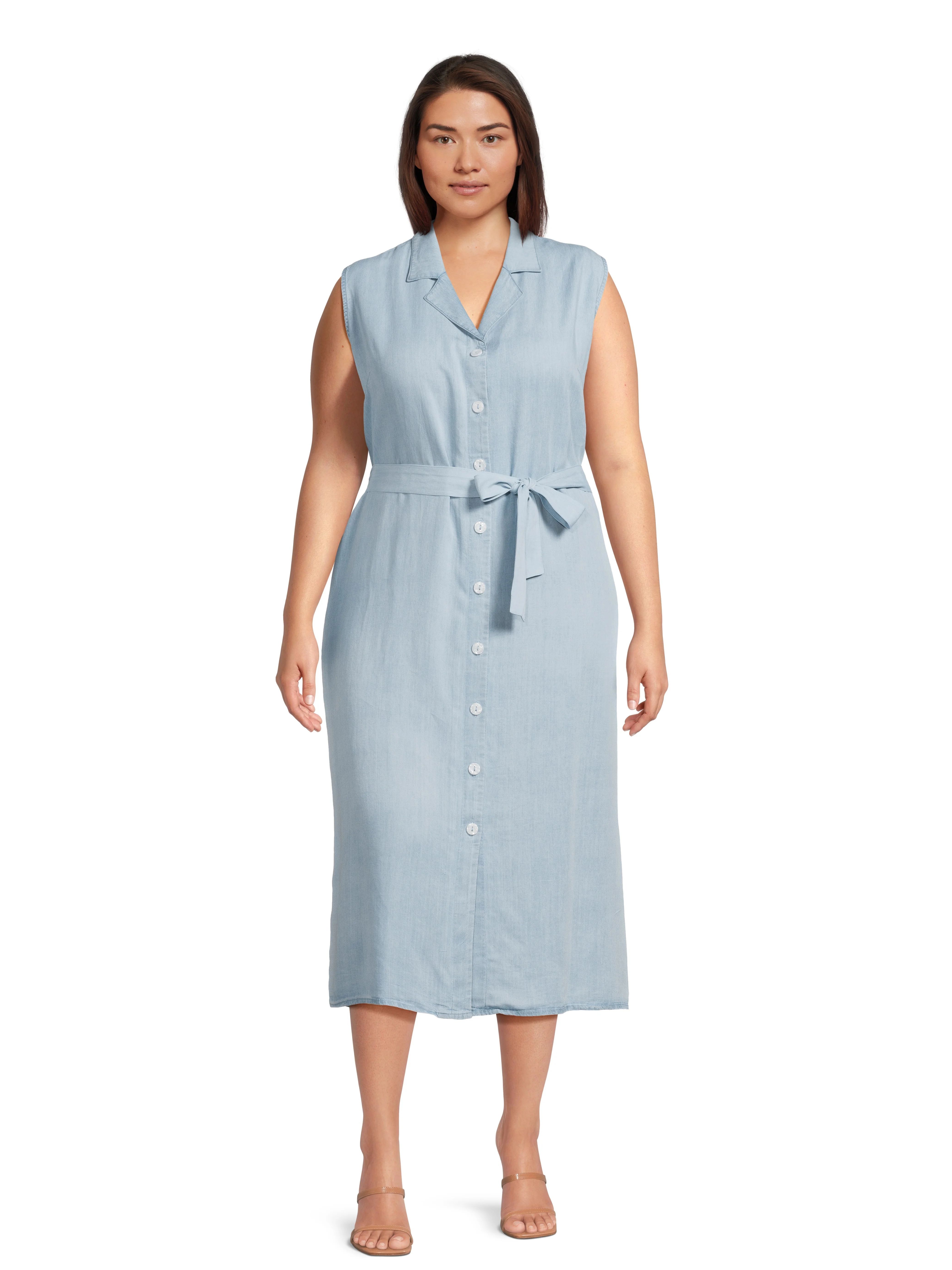Time and Tru Women's and Women's Plus Button Down Shirt Dress with Belt, Sizes XS-4X | Walmart (US)