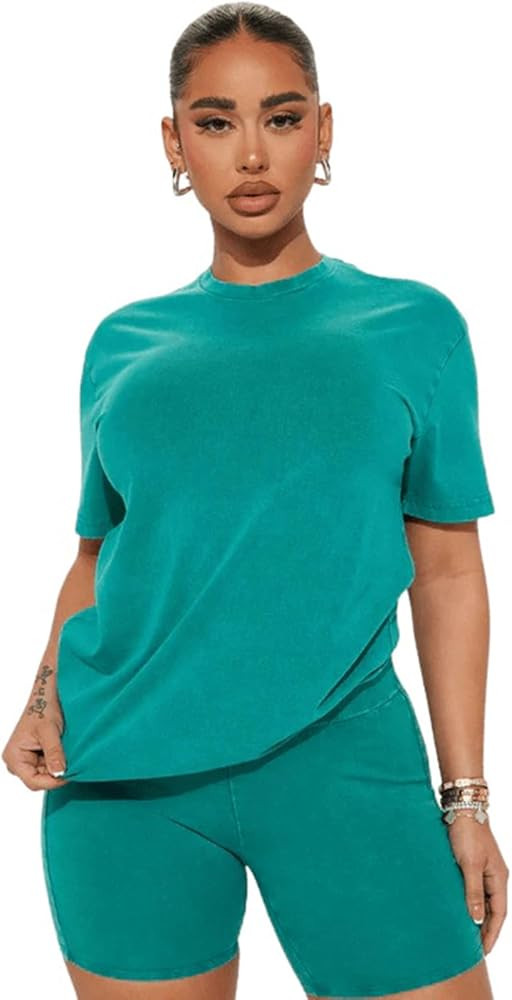 Women 2 Piece Lounge Sets Oversized Short Sleeve T-shirts Drawstring Shorts Pajamas Summer Outfit... | Amazon (US)