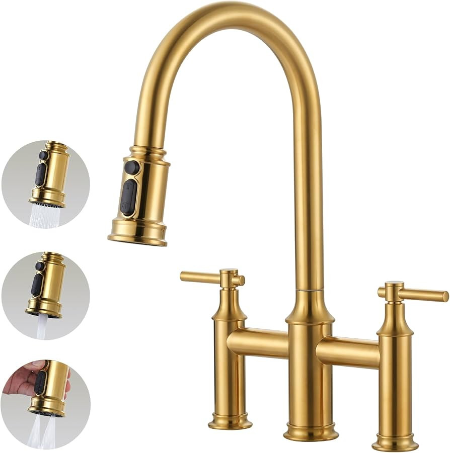 Bridge Kitchen Faucet Brushed Gold: 3 Holes Brass Bridge Faucet with Pull Down Sprayer - Two Hand... | Amazon (US)