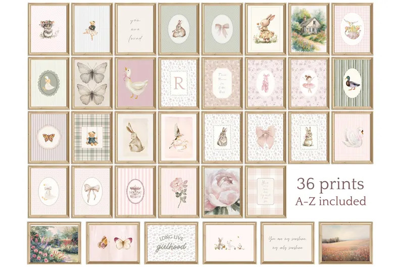 Cottagecore Nursery Wall Art Set, 36 Farmhouse Prints, Baby Girl Room Floral Pastel Decor - Etsy | Etsy (US)
