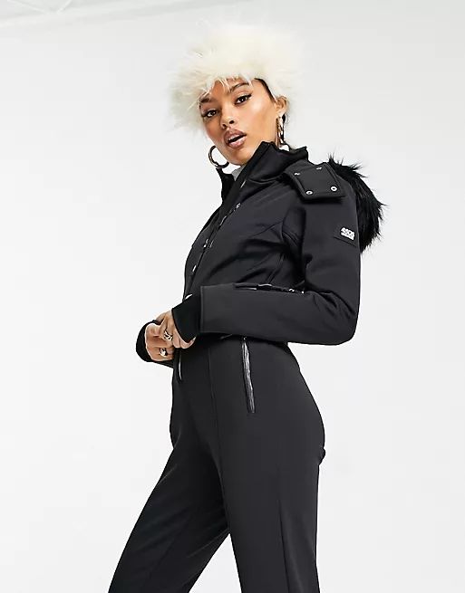 ASOS 4505 Petite ski fitted belted ski suit with fur faux hood | ASOS (Global)