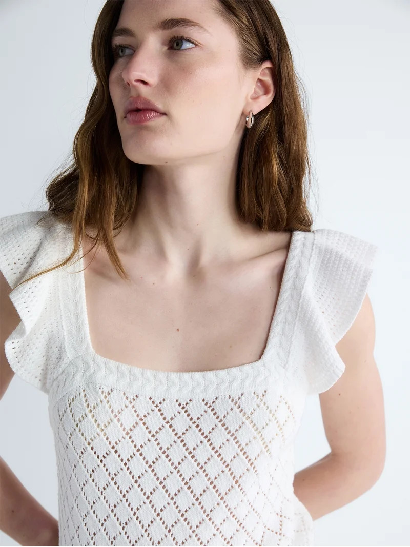 Free Assembly Women's and Women's Plus Square Neck Cotton Sweater with Flutter Sleeves, Sizes XS-... | Walmart (US)