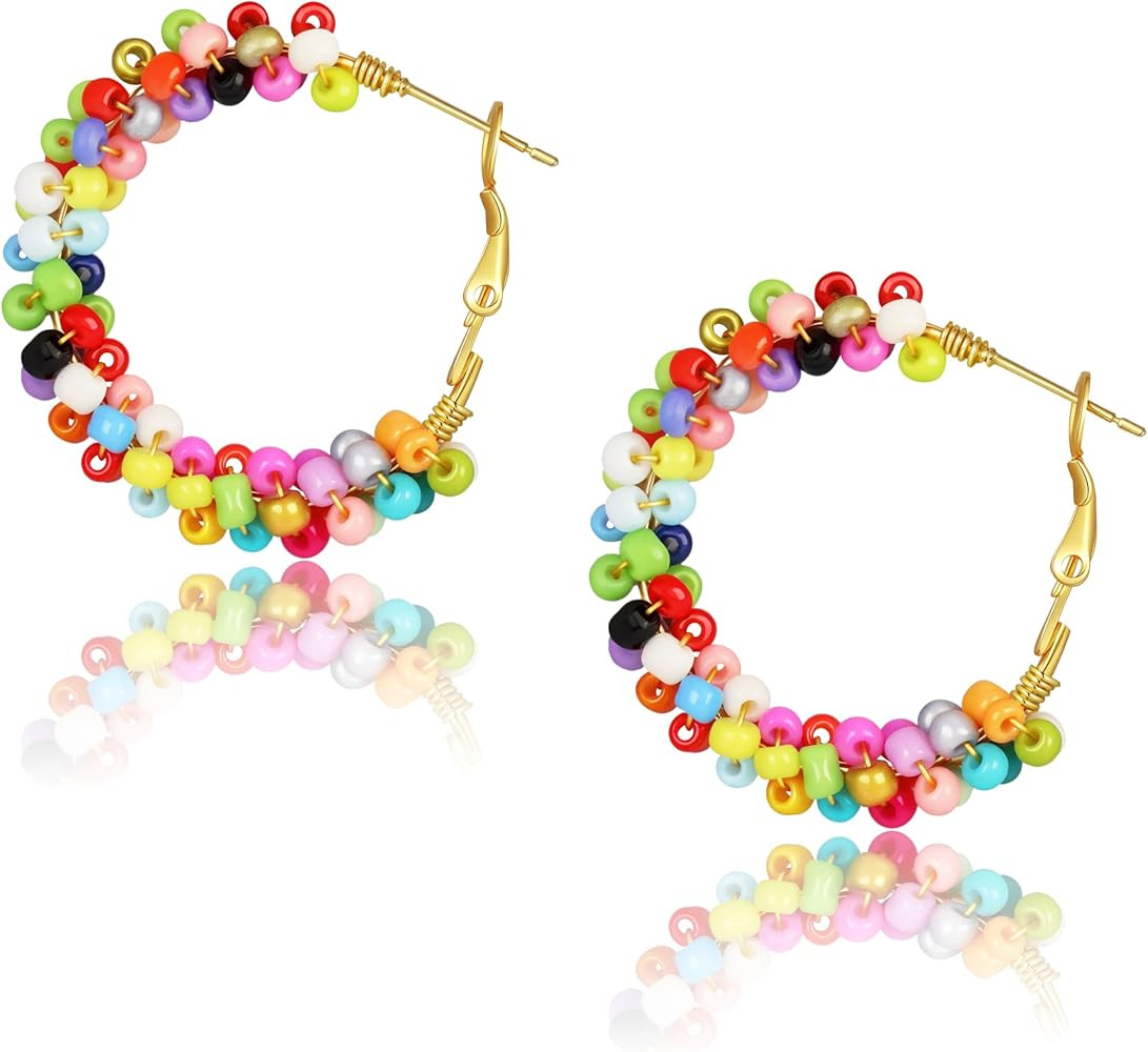 Colorful Fun Beaded Earrings for Women，Boho Flower Hoop Earrings，Exquisite Handmade Beaded Ea... | Amazon (US)