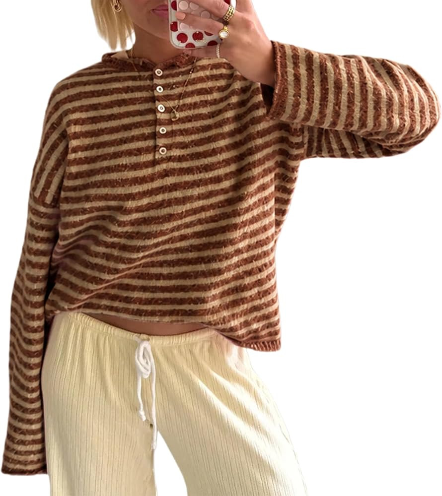 Watashi Women Striped Henley Sweater Long Sleeve Knit Top | Amazon (US)