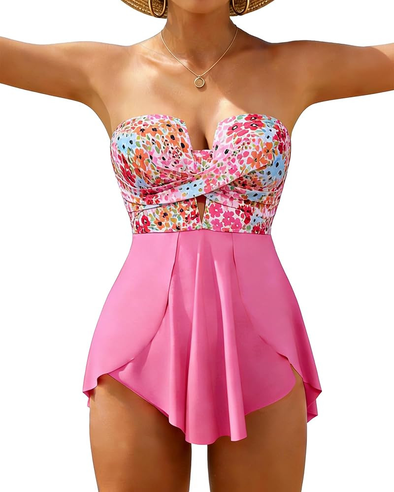 DaiLiWei Womens One Piece Swimsuits Modest Tummy Control Bathing Suit Strapless Bandeau Swim Dres... | Amazon (US)