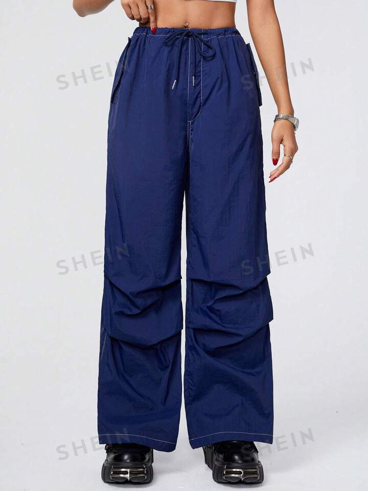SHEIN Coolane Ladies Color-Block Contrast Stitching Single Side Pocket Cargo Pants | SHEIN