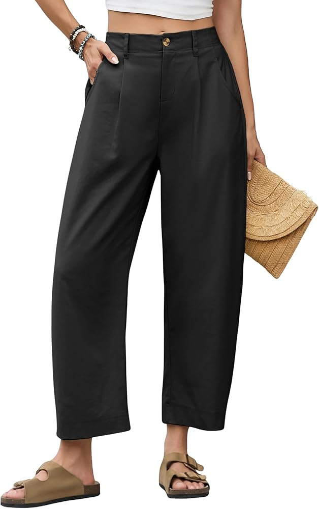 Himosyber Womens Linen Pants Barrel Wide Leg Capri Pants Casual Baggy High Waisted Summer Beach P... | Amazon (US)