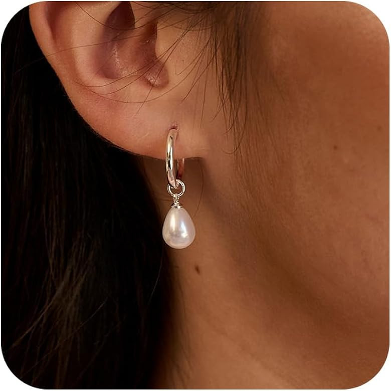 Gold Pearl Earrings for Women - 14K Gold Plated/Silver Dangle Hypoallergenic Lightweight Drop Ear... | Amazon (US)