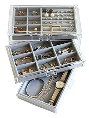 HerFav Acrylic Jewelry Box for Women with 3 Drawers for Rings Earrings and Necklace, Compact Jewelry Case, Transparent Gray | Amazon (US)