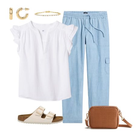 A NEW capsule wardrobe for the Summer season…Everyday Casual Summer Collection ☀️ This ready-made, complete wardrobe is perfect for moms, women who work from home, retired women or anyone needing all-casual outfits. 🙌

Flutter sleeve top
Chambray pants
Birkenstock strap sandals
Woven crossbody bag

