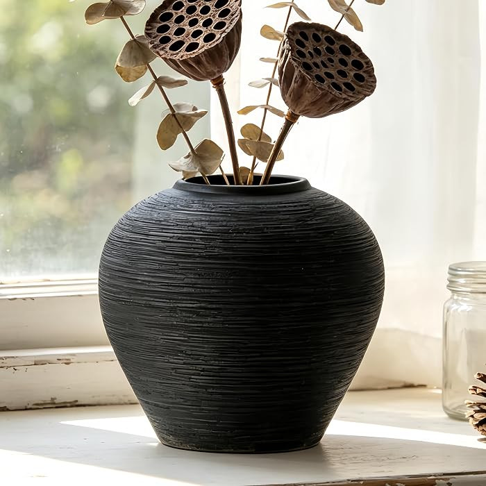 Black Rustic Farmhouse Ceramic Vase, 6.8 Inch Vintage Terracotta Flower Vases for Home Decor, Pot... | Amazon (US)