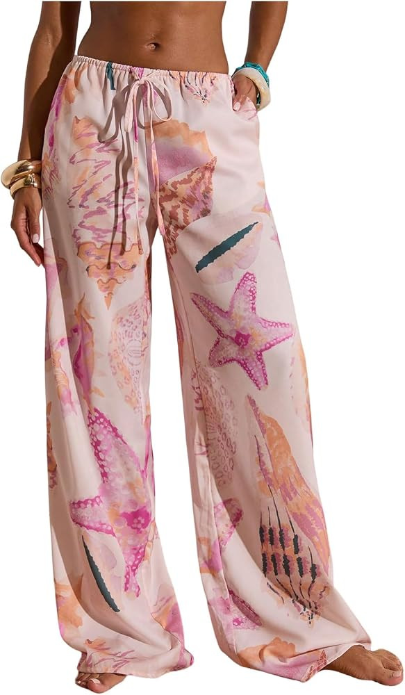 Verdusa Women's Boho Beach Flowy Pants Starfish Print Palazzo Pants Vacation Outfits with Pockets | Amazon (US)