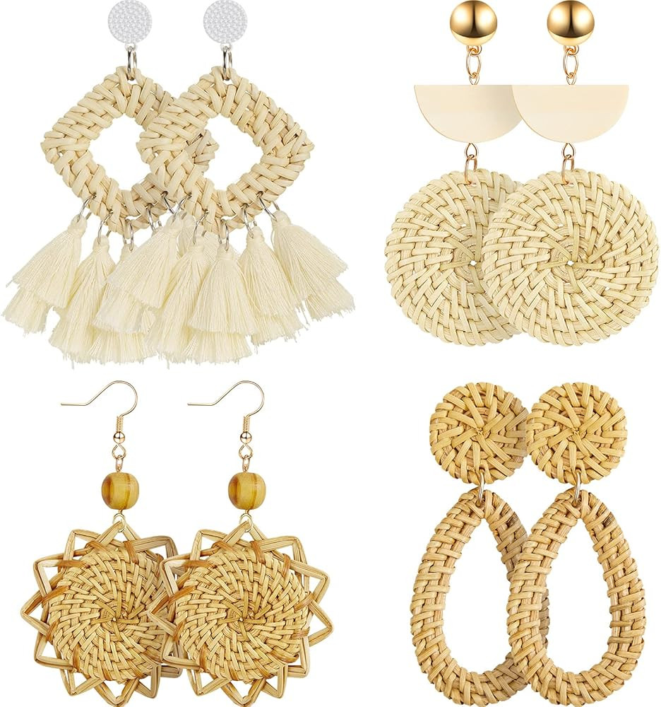 meekoo 4 Pairs Rattan Earrings for Women Beach Essentials Tassel Dangle Boho Straw Earrings | Amazon (US)
