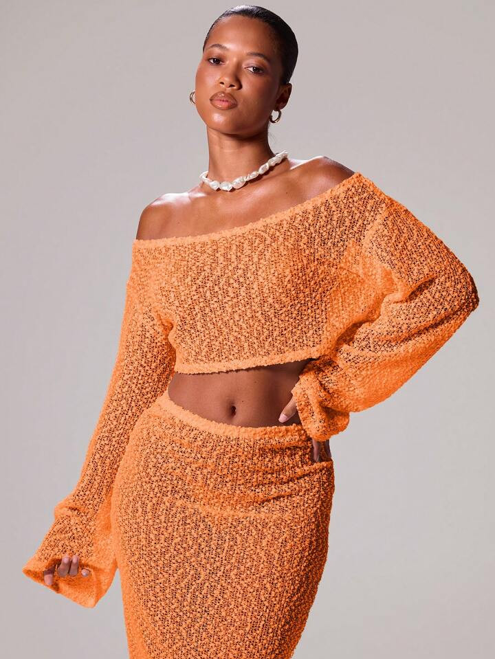 MUSERA Slash Neck Textured Knit Wide Long Sleeve Crop Top Cover Up Only Ibiza Sexy Vacation Holiday Spring Summer Beachwear Romantic Elegant Birthday | SHEIN