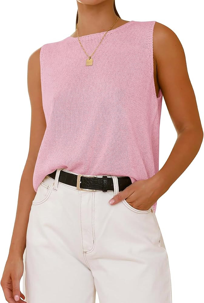 BTFBM Sleeveless Sweater Tops for Women 2026 Crew Neck Lightweight Casual Loose Tank Summer Outfi... | Amazon (US)