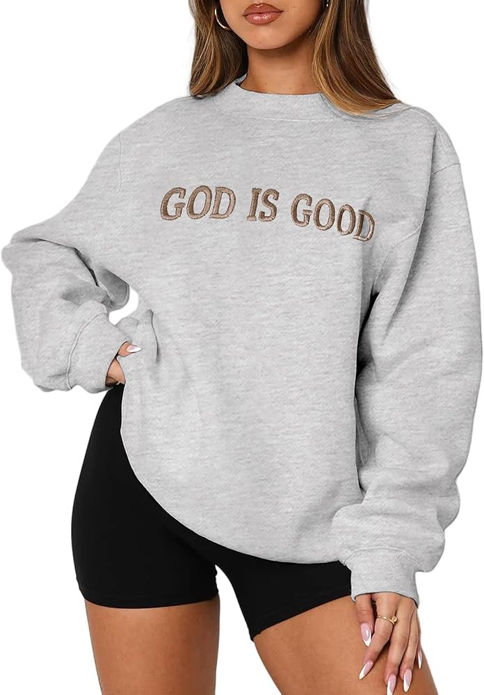 MAPICK Womens Oversized Christian Sweatshirts Fleece Crewneck Sweaters Embroidered GOD IS GOOD Ca... | Amazon (US)