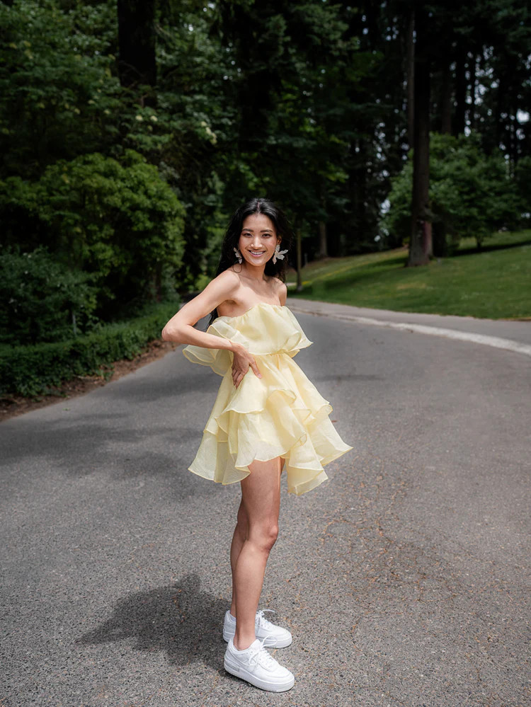 Aerin Yellow Strapless Tiered Mini Dress | Confête